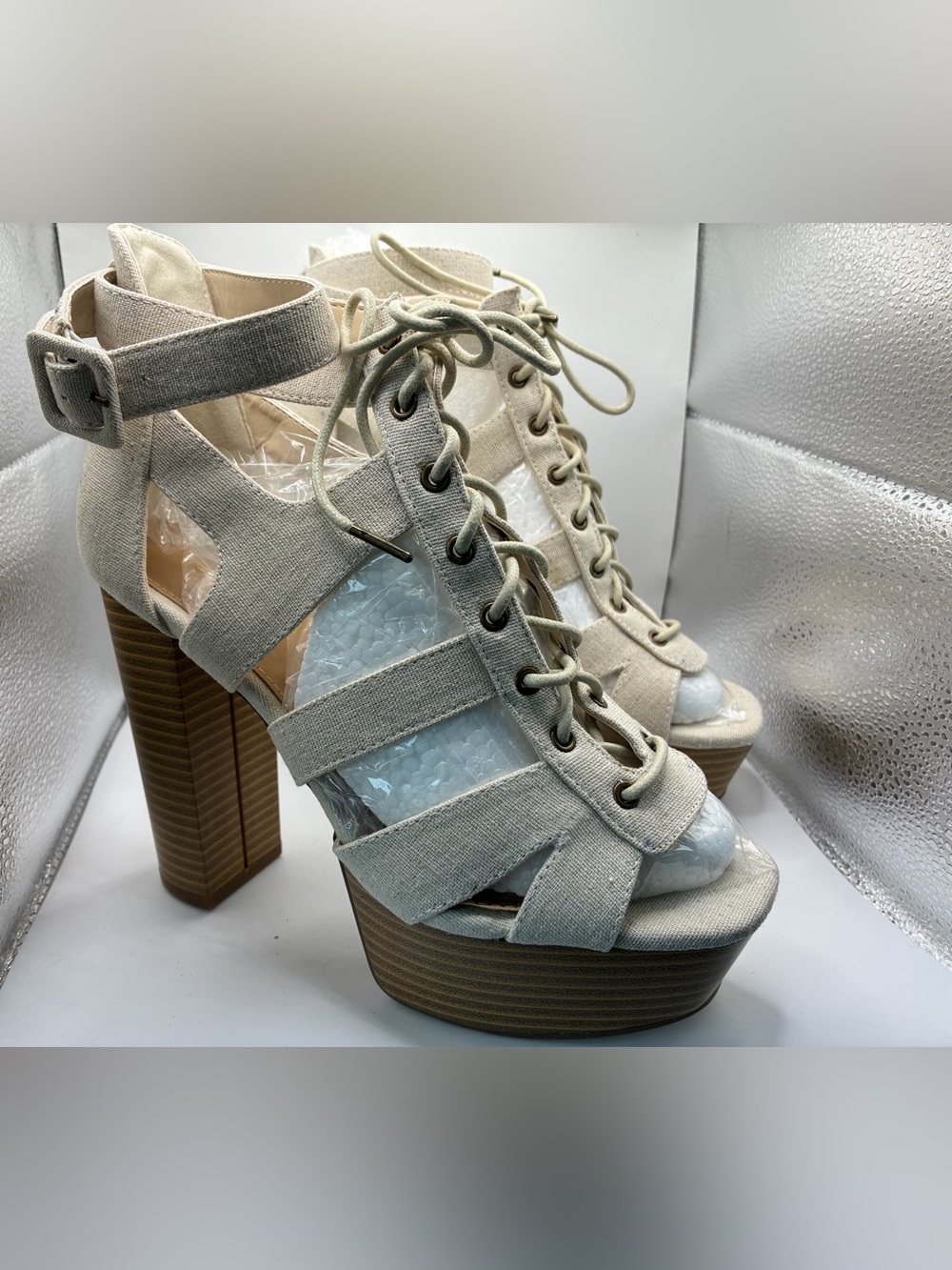 ShoeDazzle Gilliana Linen Lace Up Platform Heels Womens 8 Beige Open Toe Sandals